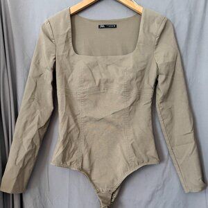 ZARA Beige Long Sleeve Bodysuit Square Neck Fitted Top Women’s
